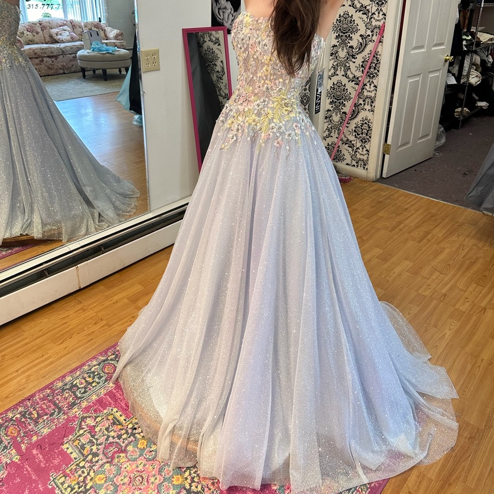 Jovani Light Blue Sparkle Ball Gown with Floral Appliqué - Picture 2 of 9